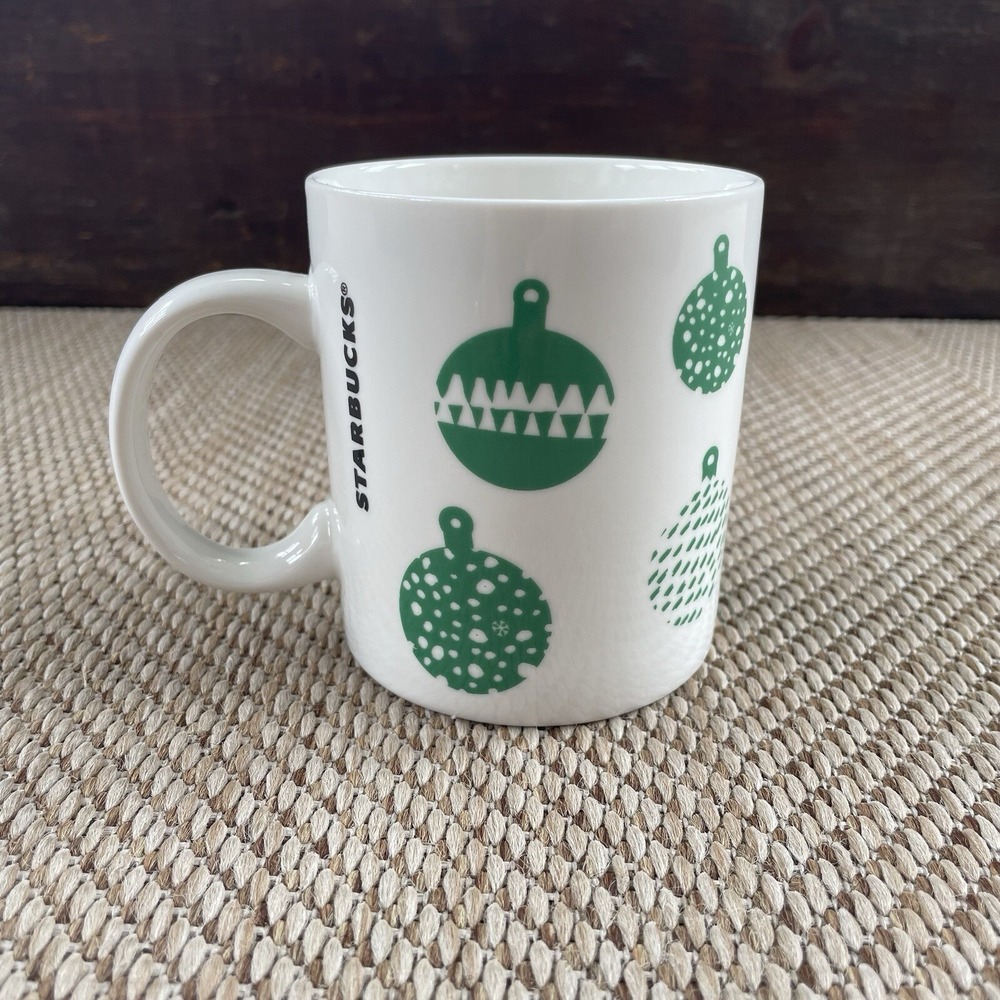 STARBUCKS White Green 12 oz CHRISTMAS Holiday BALL Ornaments COFFEE CUP Mug 2016